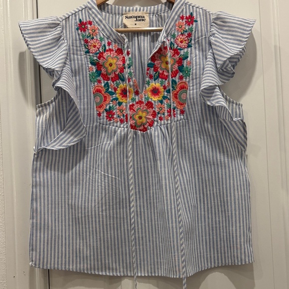 Savanna Jane Blue and White Striped Blouse - Picture 3 of 8